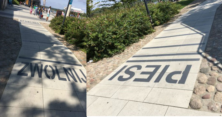 Paski ostrzegawcze na nowych bulwarach nad Wisłą w Warszawie. Fot. Lech Pluta