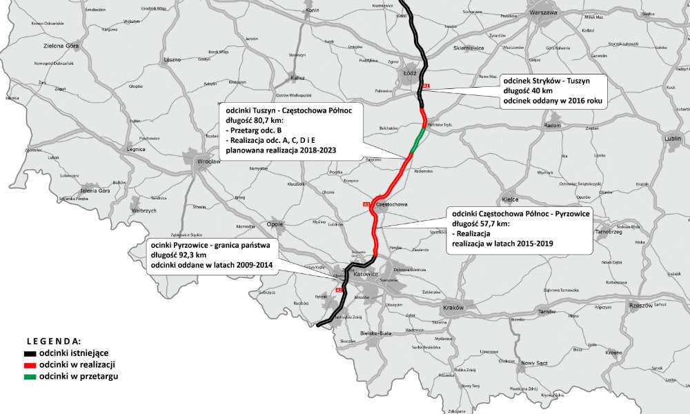 Mapa autostrady A1 z odcinkami w realizacji i odcinkiem, na który ogłoszono przetarg. Źródło: GDDKiA
