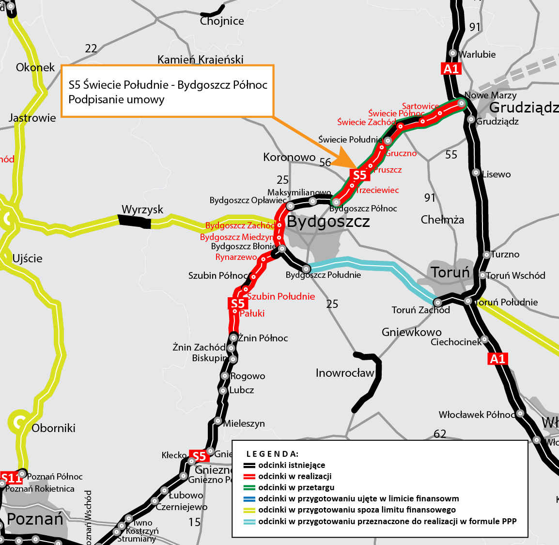 Mapa budowy drogi S5 Źródło: Ministerstwo Infrastruktury