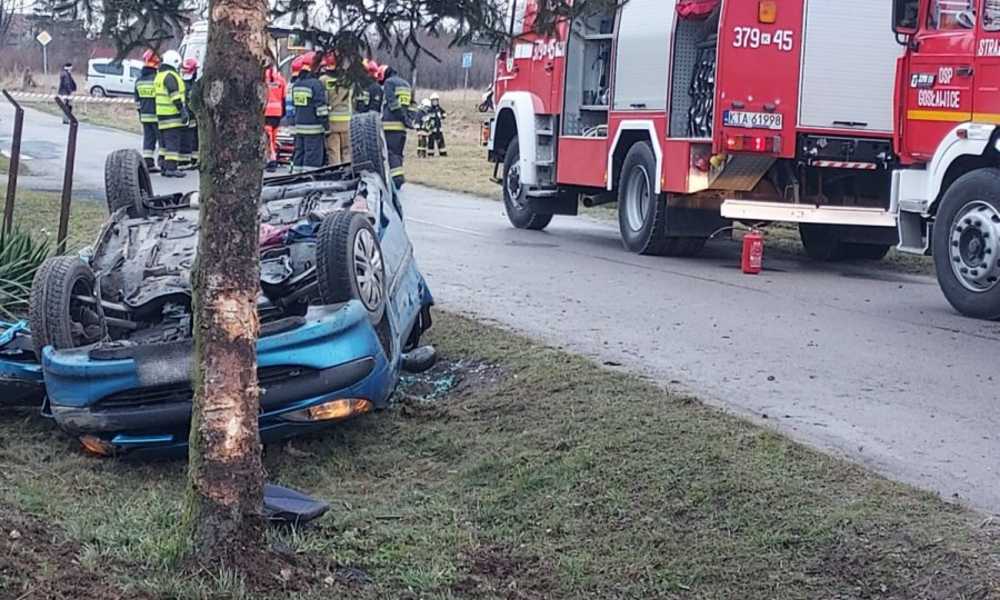 W Gosławicach (Małopolska) 4-letni chłopiec wypadł z samochodu po tym, jak jego mama wjechała w drzewo Fot. Policja