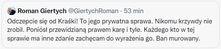 Wpis Romana Giertycha na Twitterze w sprawie Piotra Kraśki Źródło: Twitter/Roman Giertych