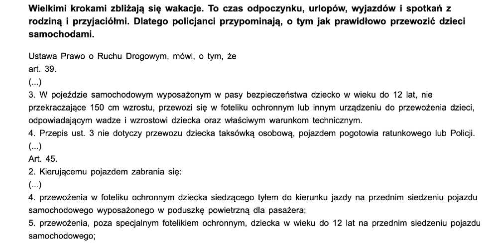Fragment komunikatu KPP w Iławie z cytowaniem nieaktualnych przepisów dotyczących przewozu dzieci Źródło: KPP Iława