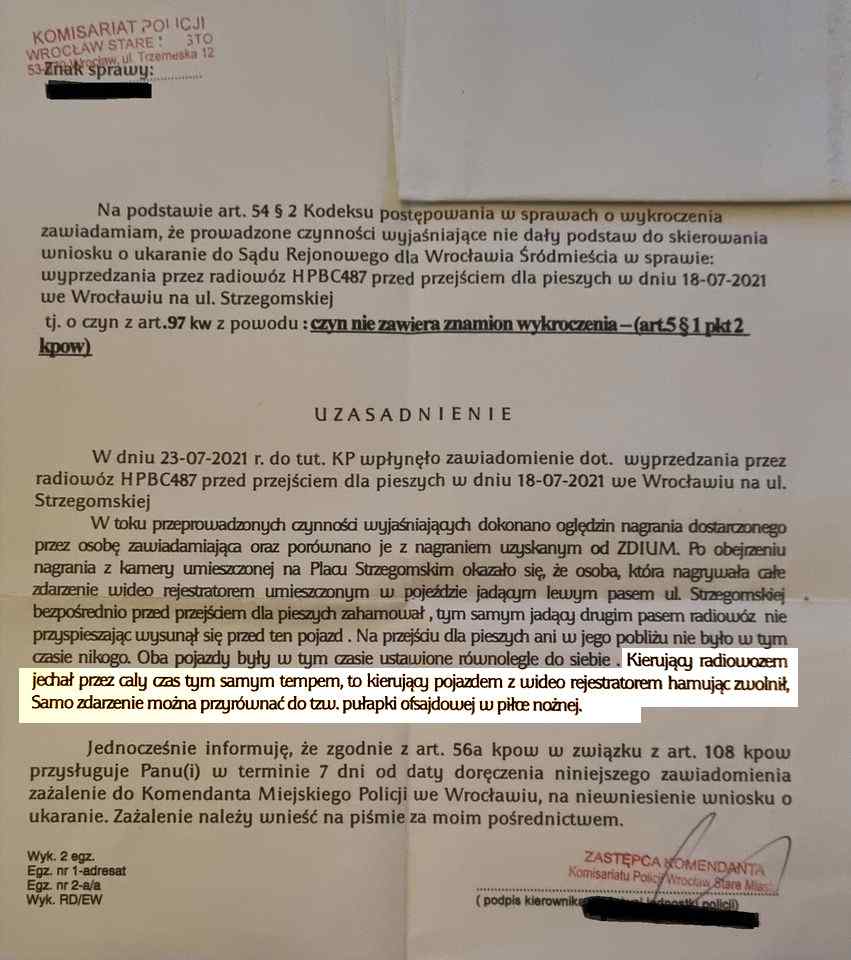 Pismo, w którym policjanci z Wrocławia uznali, że ich wykroczenie było jak "spalony" w piłce nożnej Źródło: Twitter/Bandyta z kamerka