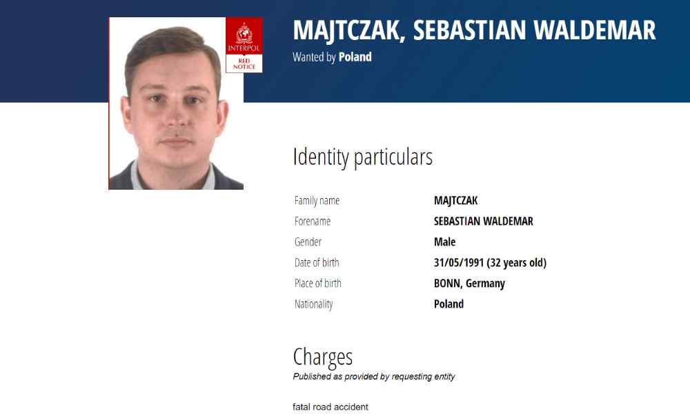 Czerwona nota Interpolu wystawiona w sprawie Sebastiana Majtczaka Źródło: Interpol