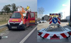 Z lewej - samochód drogowców zniszczony po wypadku śmiertelnym na trasie S5 w powiecie żnińskim. Z prawej - poduszka zderzeniowa, która przejmuje energię uderzenia pojazdu Fot. Policja/Saferoad